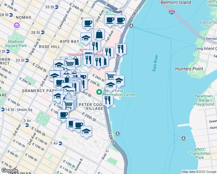 map of restaurants, bars, coffee shops, grocery stores, and more near 10 Waterside Plaza in New York