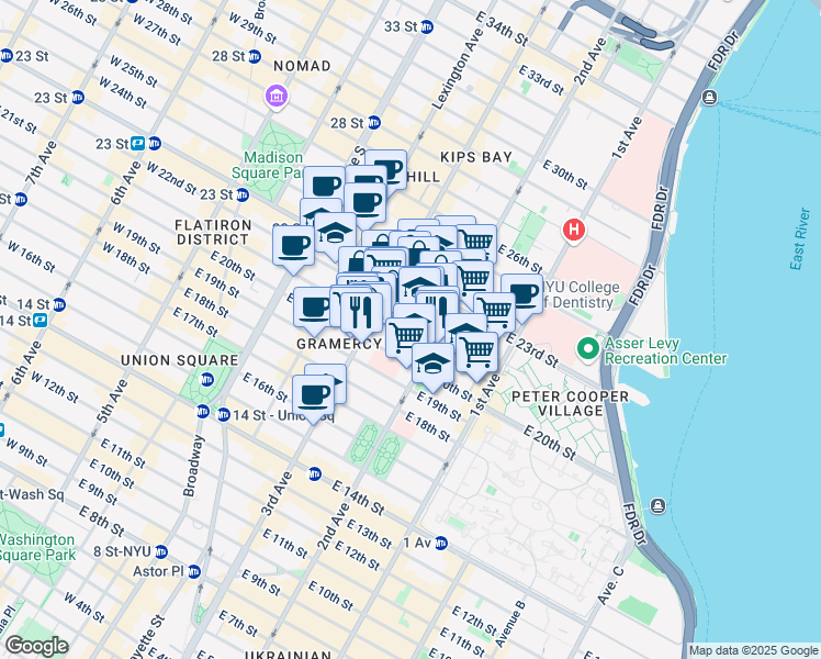 map of restaurants, bars, coffee shops, grocery stores, and more near 224 East 21st Street in New York
