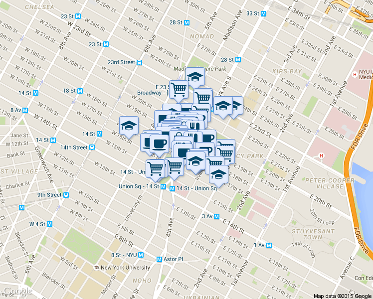 map of restaurants, bars, coffee shops, grocery stores, and more near 37 East 18th Street in New York
