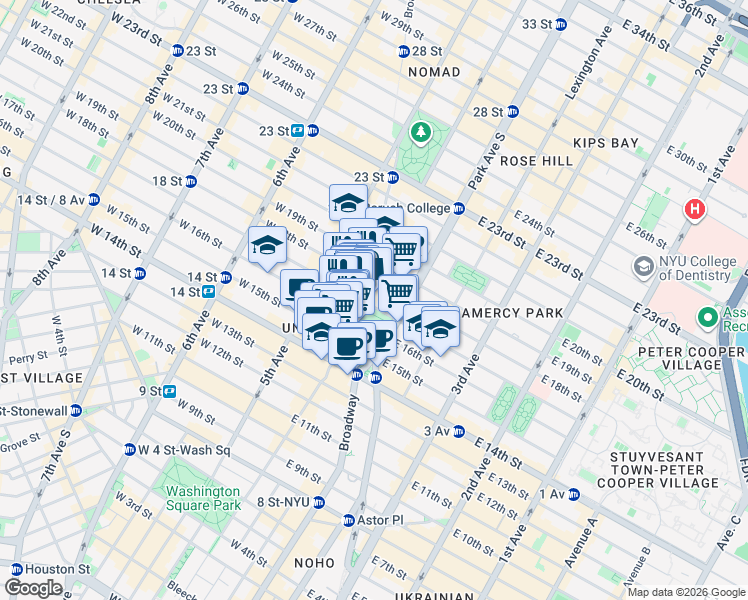 map of restaurants, bars, coffee shops, grocery stores, and more near 18 East 16th Street in New York