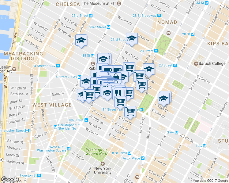 map of restaurants, bars, coffee shops, grocery stores, and more near 31 West 14th Street in New York
