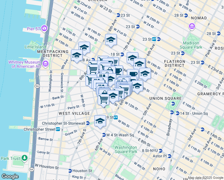 map of restaurants, bars, coffee shops, grocery stores, and more near 157 West 12th Street in New York