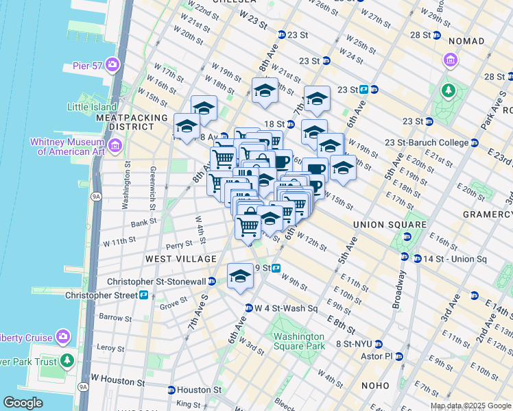 map of restaurants, bars, coffee shops, grocery stores, and more near 157 West 12th Street in New York
