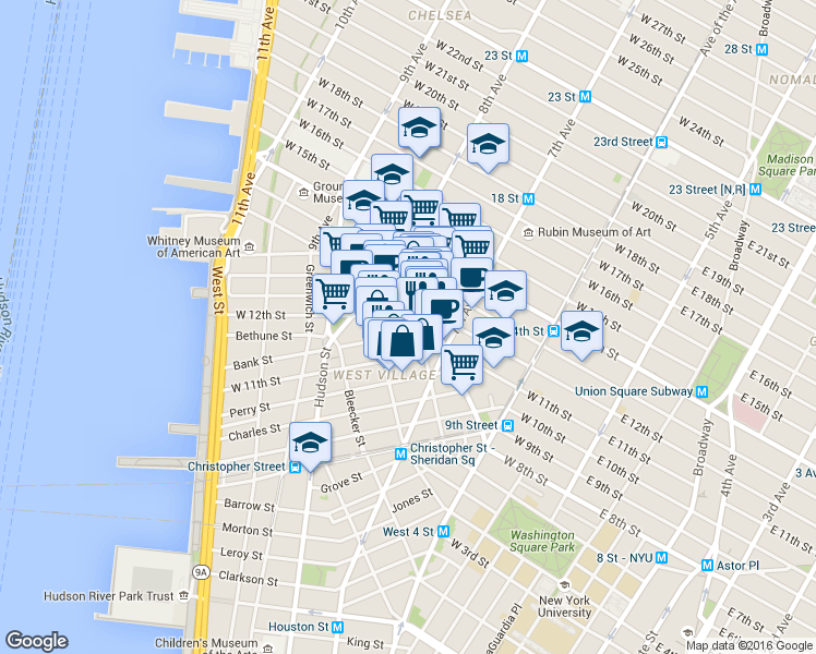 map of restaurants, bars, coffee shops, grocery stores, and more near 18 Bank Street in New York