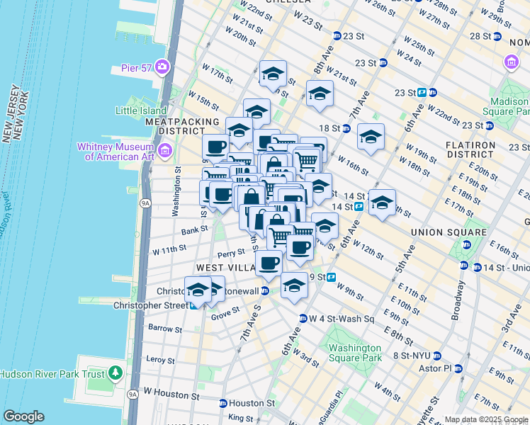 map of restaurants, bars, coffee shops, grocery stores, and more near 18 Bank Street in New York