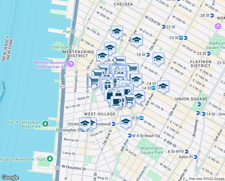 map of restaurants, bars, coffee shops, grocery stores, and more near 18 Bank Street in New York