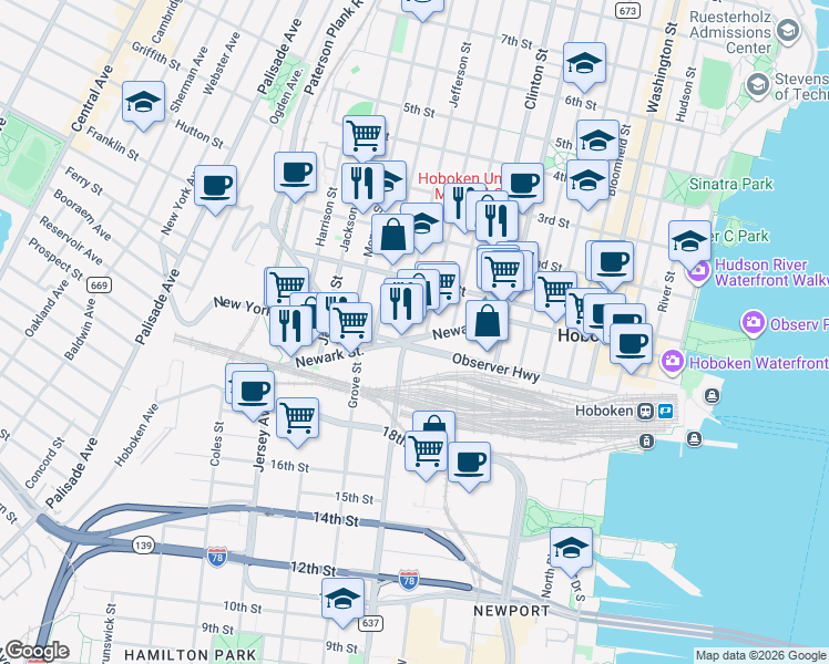 map of restaurants, bars, coffee shops, grocery stores, and more near 462 Newark Street in Hoboken
