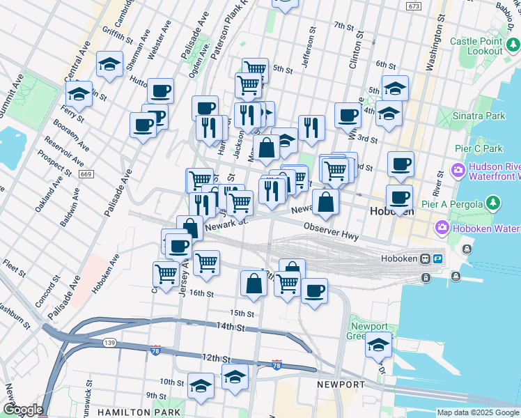 map of restaurants, bars, coffee shops, grocery stores, and more near 551 Observer Highway in Hoboken