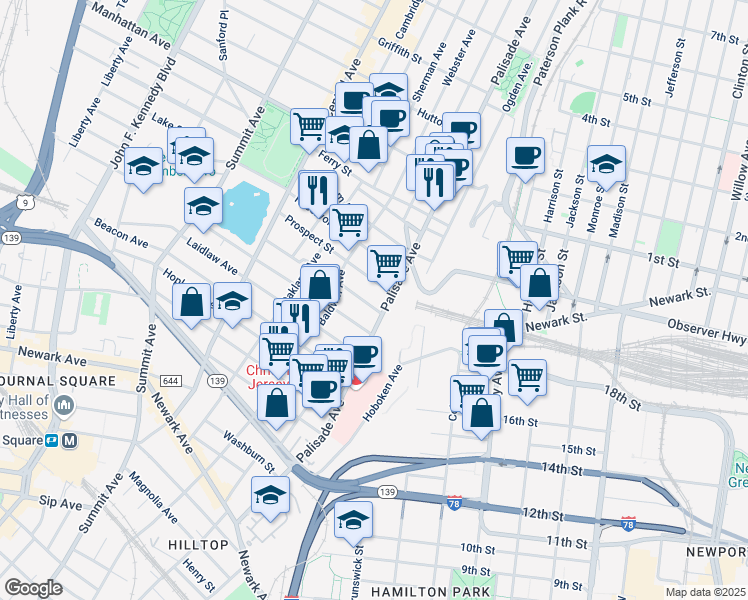 map of restaurants, bars, coffee shops, grocery stores, and more near 235 Palisade Avenue in Jersey City