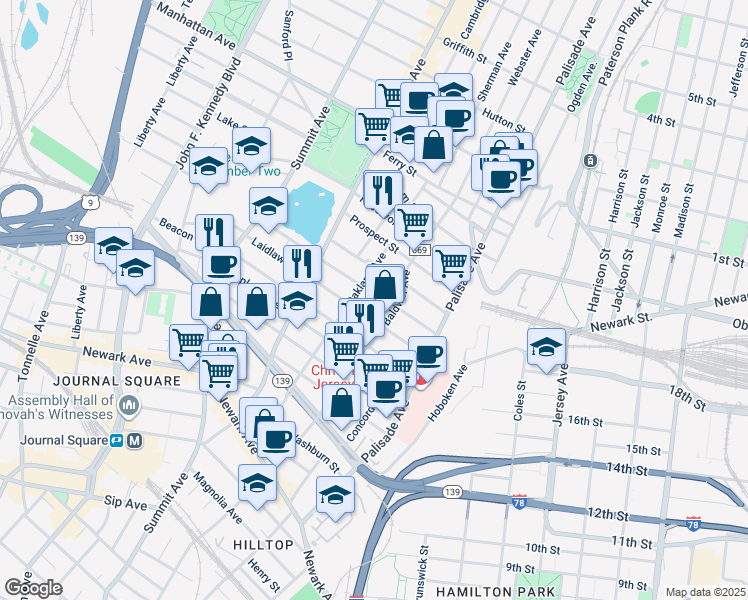 map of restaurants, bars, coffee shops, grocery stores, and more near 61 Jefferson Avenue in Jersey City