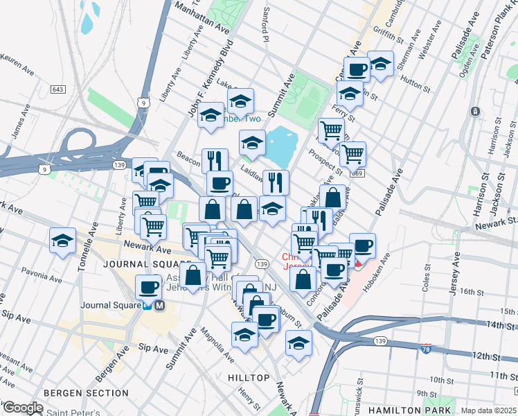 map of restaurants, bars, coffee shops, grocery stores, and more near 135 Hopkins Avenue in Jersey City