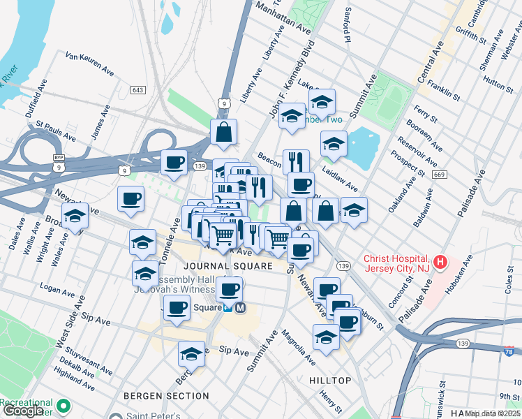 map of restaurants, bars, coffee shops, grocery stores, and more near 225 Saint Pauls Avenue in Jersey City