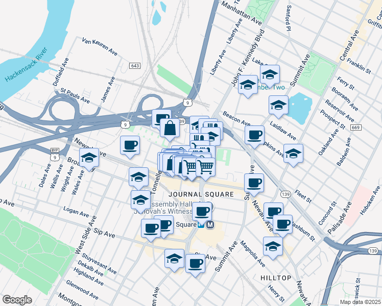 map of restaurants, bars, coffee shops, grocery stores, and more near 21 Skillman Avenue in Jersey City