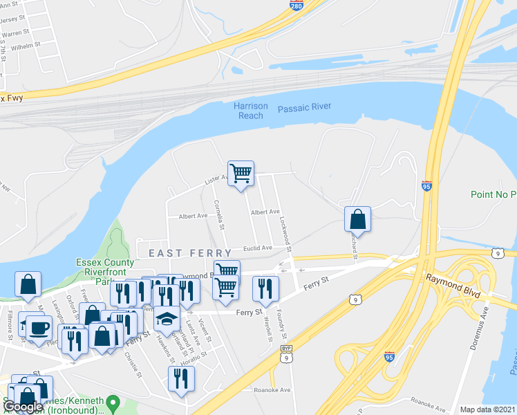map of restaurants, bars, coffee shops, grocery stores, and more near 100 Albert Avenue in Newark