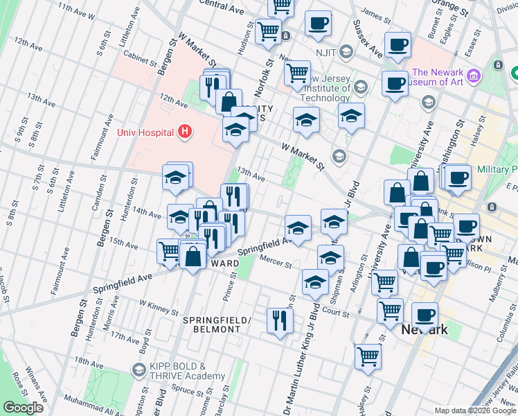 map of restaurants, bars, coffee shops, grocery stores, and more near 59 South Orange Avenue in Newark