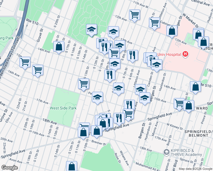 map of restaurants, bars, coffee shops, grocery stores, and more near 467 15th Avenue in Newark