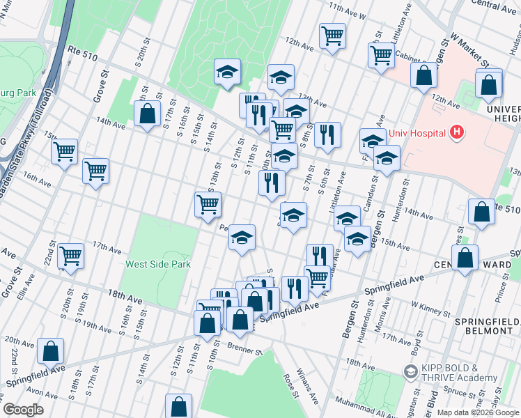 map of restaurants, bars, coffee shops, grocery stores, and more near 449 South 10th Street in Newark