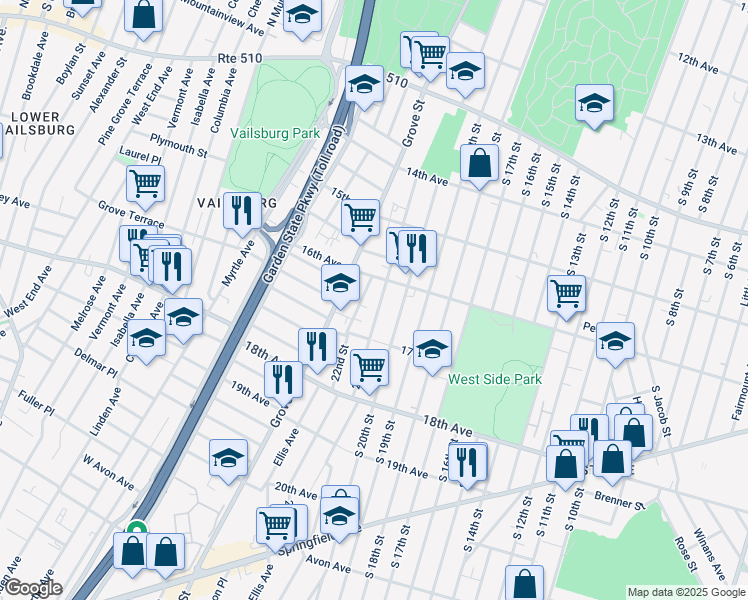 map of restaurants, bars, coffee shops, grocery stores, and more near 194 21st Street in Irvington