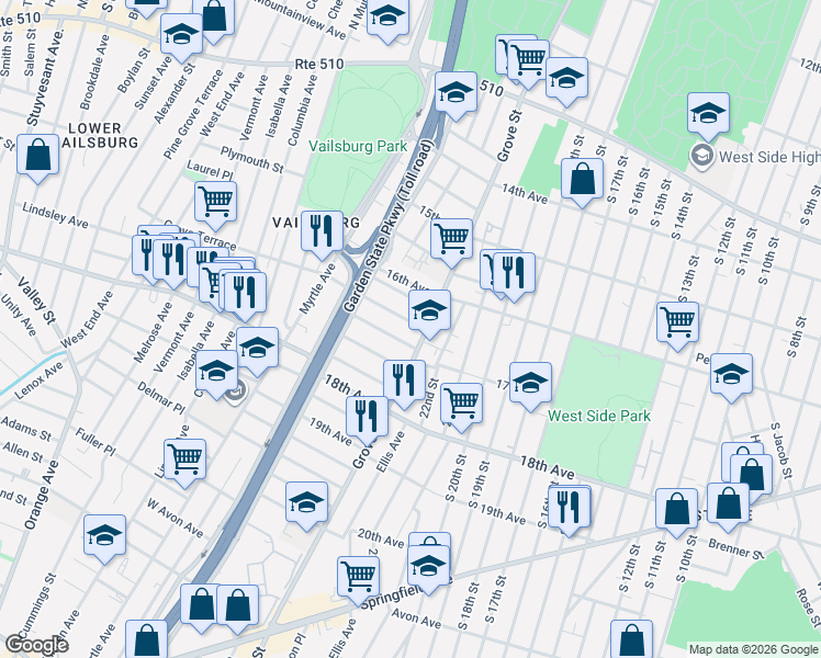 map of restaurants, bars, coffee shops, grocery stores, and more near 18 Montrose Terrace in Irvington