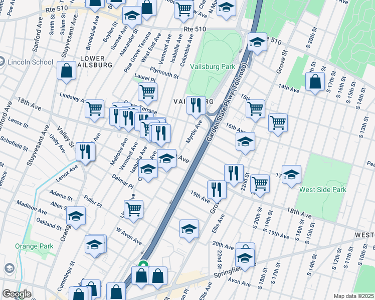 map of restaurants, bars, coffee shops, grocery stores, and more near 337 Myrtle Avenue in Irvington
