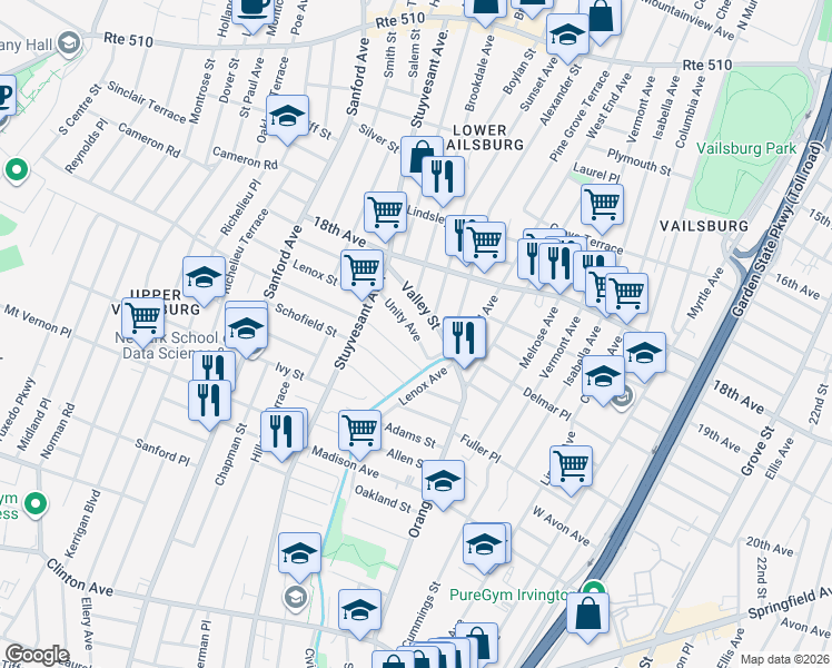 map of restaurants, bars, coffee shops, grocery stores, and more near 29-31 Underwood Street in Newark