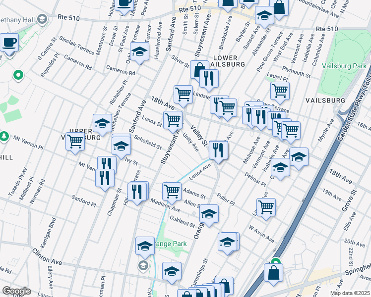 map of restaurants, bars, coffee shops, grocery stores, and more near 29-31 Underwood Street in Newark