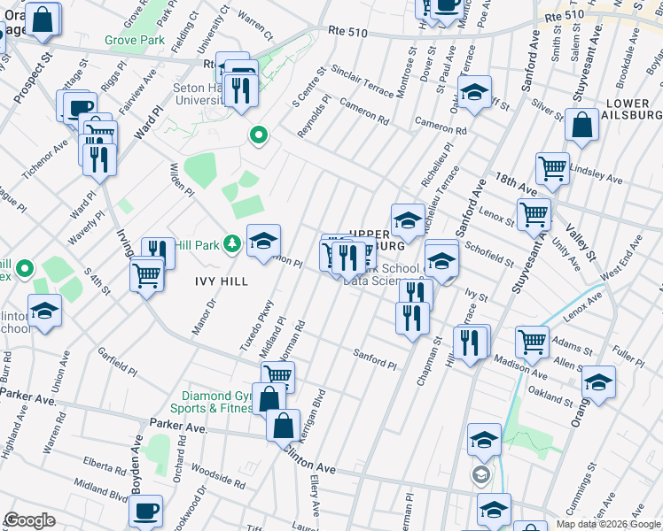 map of restaurants, bars, coffee shops, grocery stores, and more near 97 Norman Road in Newark