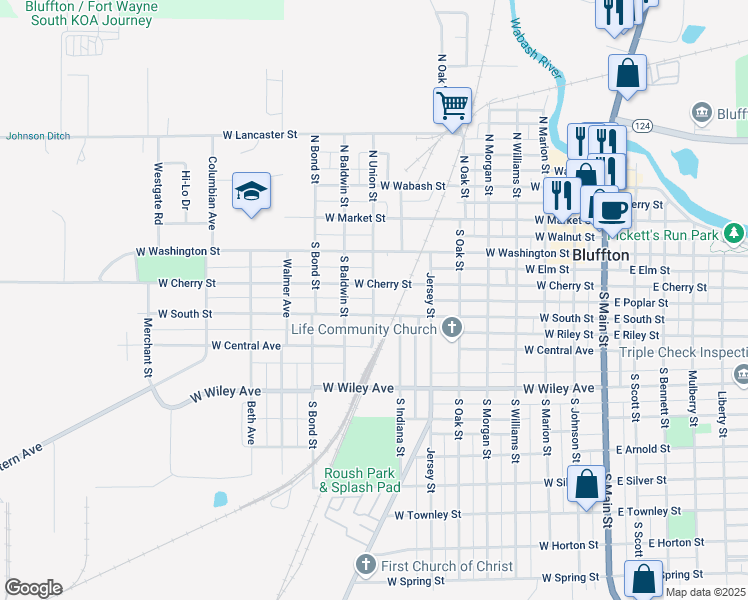 map of restaurants, bars, coffee shops, grocery stores, and more near 917 West South Street in Bluffton