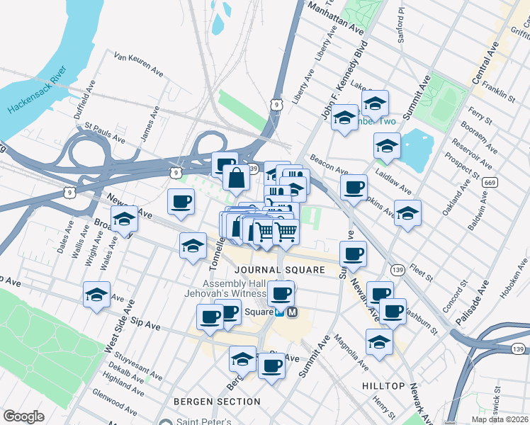 map of restaurants, bars, coffee shops, grocery stores, and more near 21 Skillman Avenue in Jersey City
