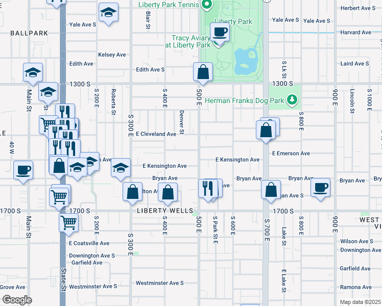 map of restaurants, bars, coffee shops, grocery stores, and more near 470 East Emerson Avenue in Salt Lake City