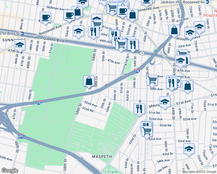 map of restaurants, bars, coffee shops, grocery stores, and more near 50th Avenue in Queens