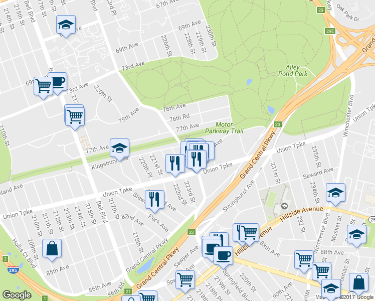 map of restaurants, bars, coffee shops, grocery stores, and more near 7805 Springfield Boulevard in Queens