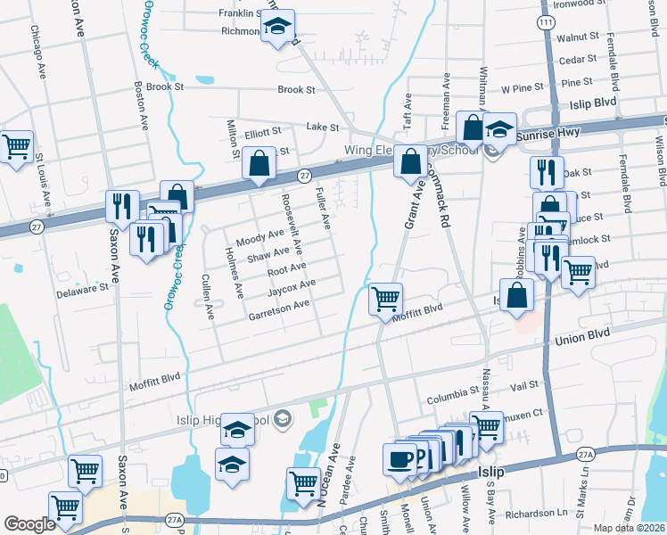 map of restaurants, bars, coffee shops, grocery stores, and more near 135 Jaycox Avenue in Islip