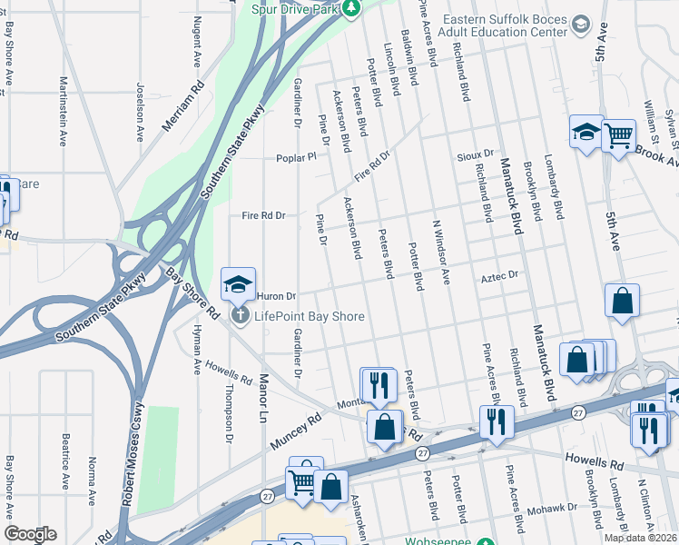 map of restaurants, bars, coffee shops, grocery stores, and more near 1369 Pine Drive in Bay Shore