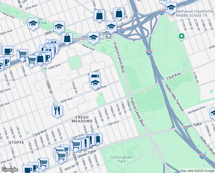 map of restaurants, bars, coffee shops, grocery stores, and more near 69-08 197th Street in Queens