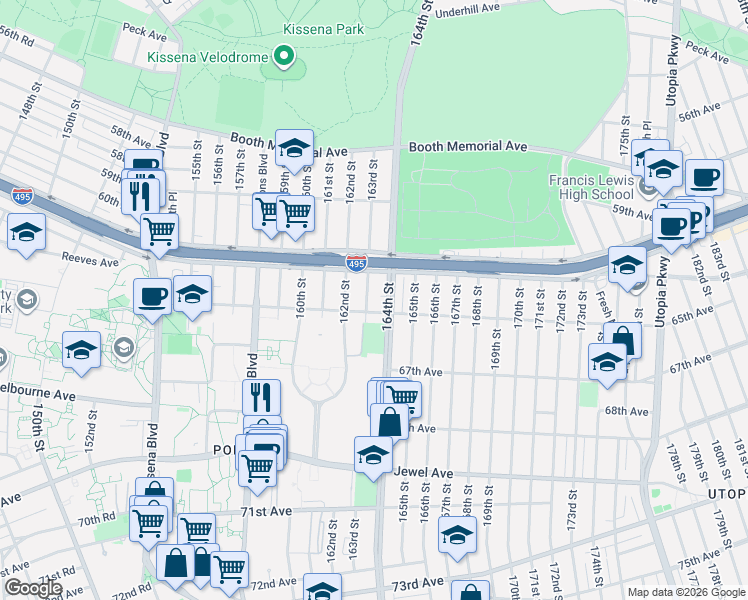 map of restaurants, bars, coffee shops, grocery stores, and more near 162-17 65th Avenue in Queens