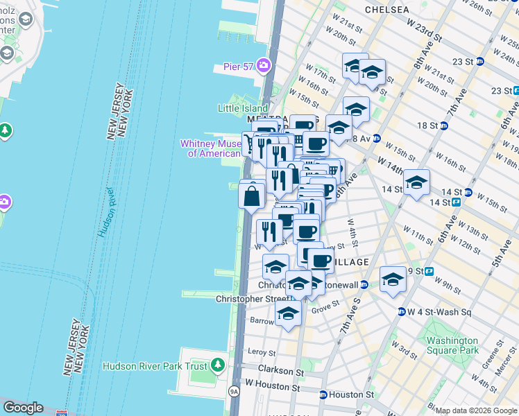 map of restaurants, bars, coffee shops, grocery stores, and more near 756 Washington Street in New York