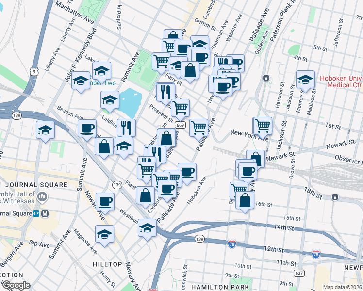 map of restaurants, bars, coffee shops, grocery stores, and more near 36 Jefferson Avenue in Jersey City