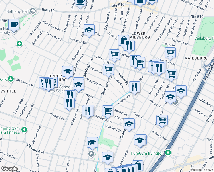 map of restaurants, bars, coffee shops, grocery stores, and more near 274 Stuyvesant Avenue in Newark
