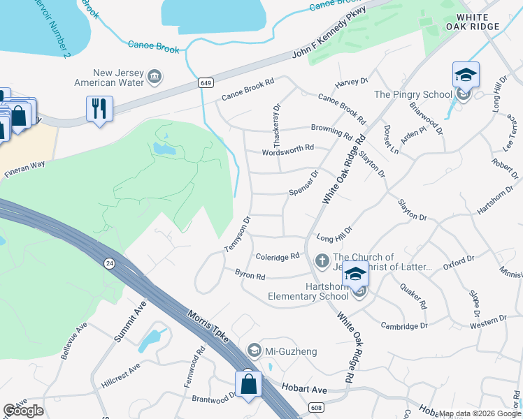 map of restaurants, bars, coffee shops, grocery stores, and more near 128 Tennyson Drive in Essex County
