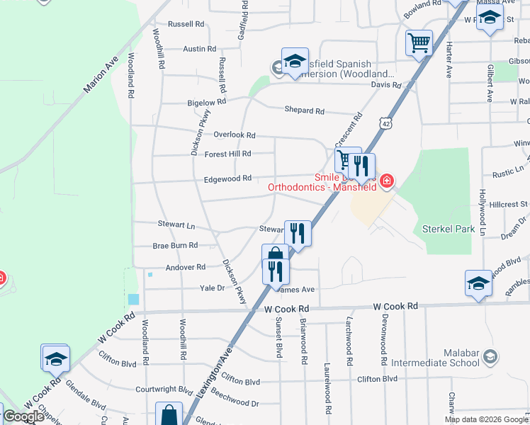 map of restaurants, bars, coffee shops, grocery stores, and more near 764-840 South Andover Road in Mansfield