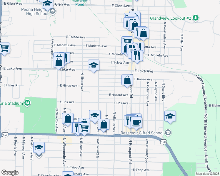 map of restaurants, bars, coffee shops, grocery stores, and more near 1110 East Hines Avenue in Peoria Heights