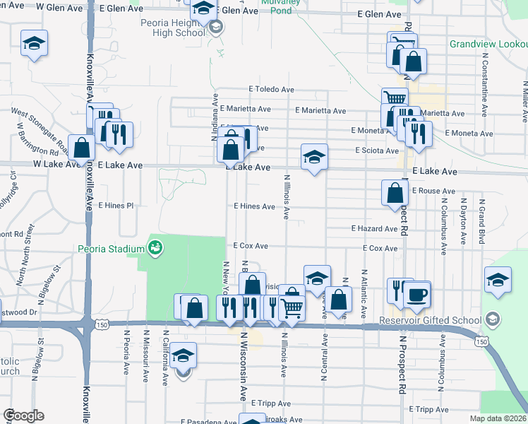 map of restaurants, bars, coffee shops, grocery stores, and more near 712 East Hines Avenue in Peoria Heights