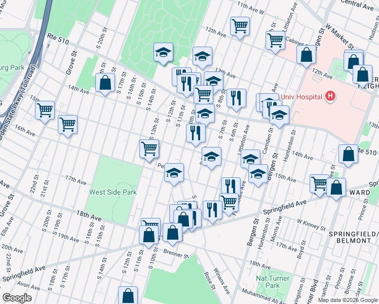map of restaurants, bars, coffee shops, grocery stores, and more near 467 15th Avenue in Newark