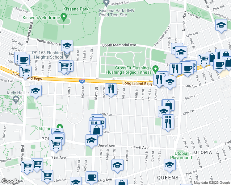 map of restaurants, bars, coffee shops, grocery stores, and more near 61-43 167th Street in Queens