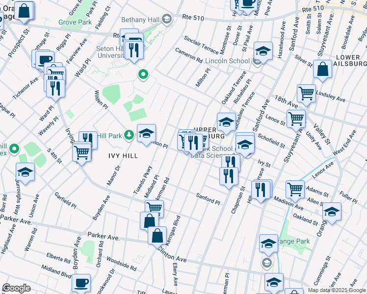 map of restaurants, bars, coffee shops, grocery stores, and more near 97 Norman Road in Newark