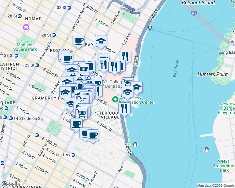 map of restaurants, bars, coffee shops, grocery stores, and more near 425 East 25th Street in New York
