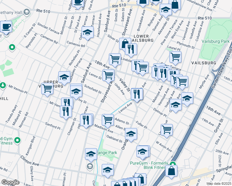 map of restaurants, bars, coffee shops, grocery stores, and more near 29-31 Underwood Street in Newark