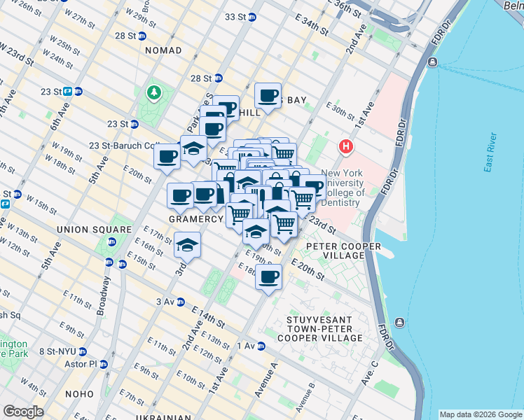 map of restaurants, bars, coffee shops, grocery stores, and more near 2nd Ave & E 22nd St in New York