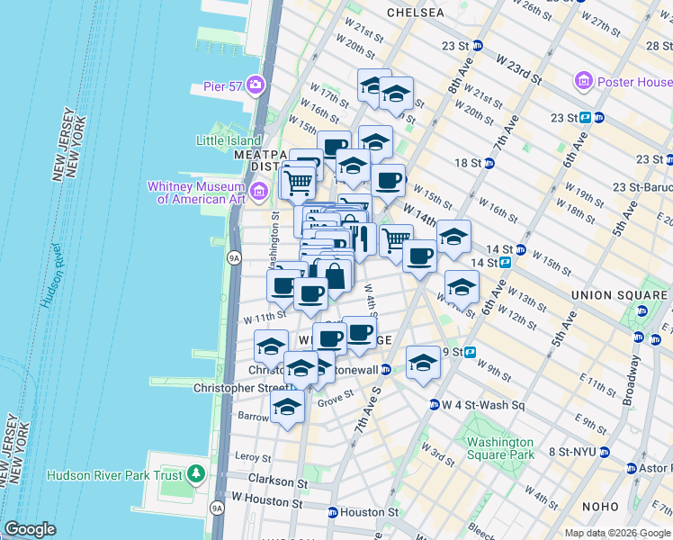 map of restaurants, bars, coffee shops, grocery stores, and more near in New York